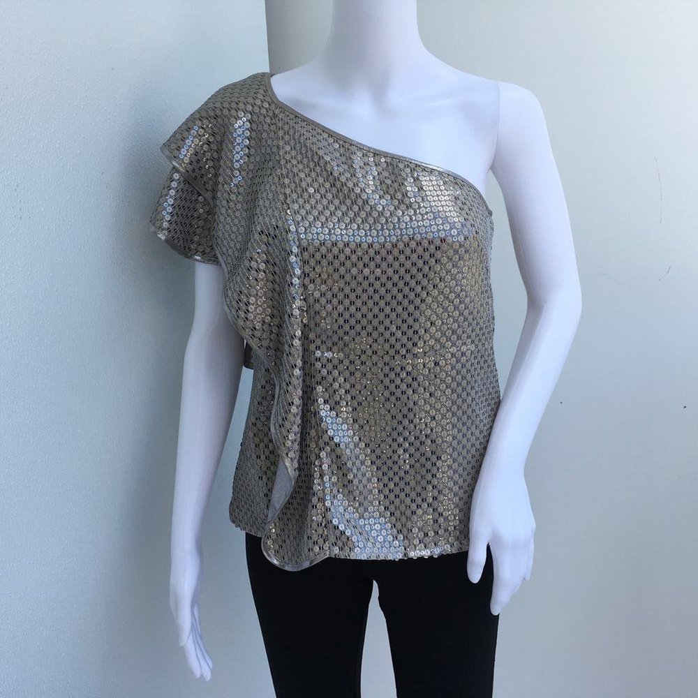 NWT Karen Millen Women's One Shoulder Ruffle Blouse Sequins Gray Sz 6